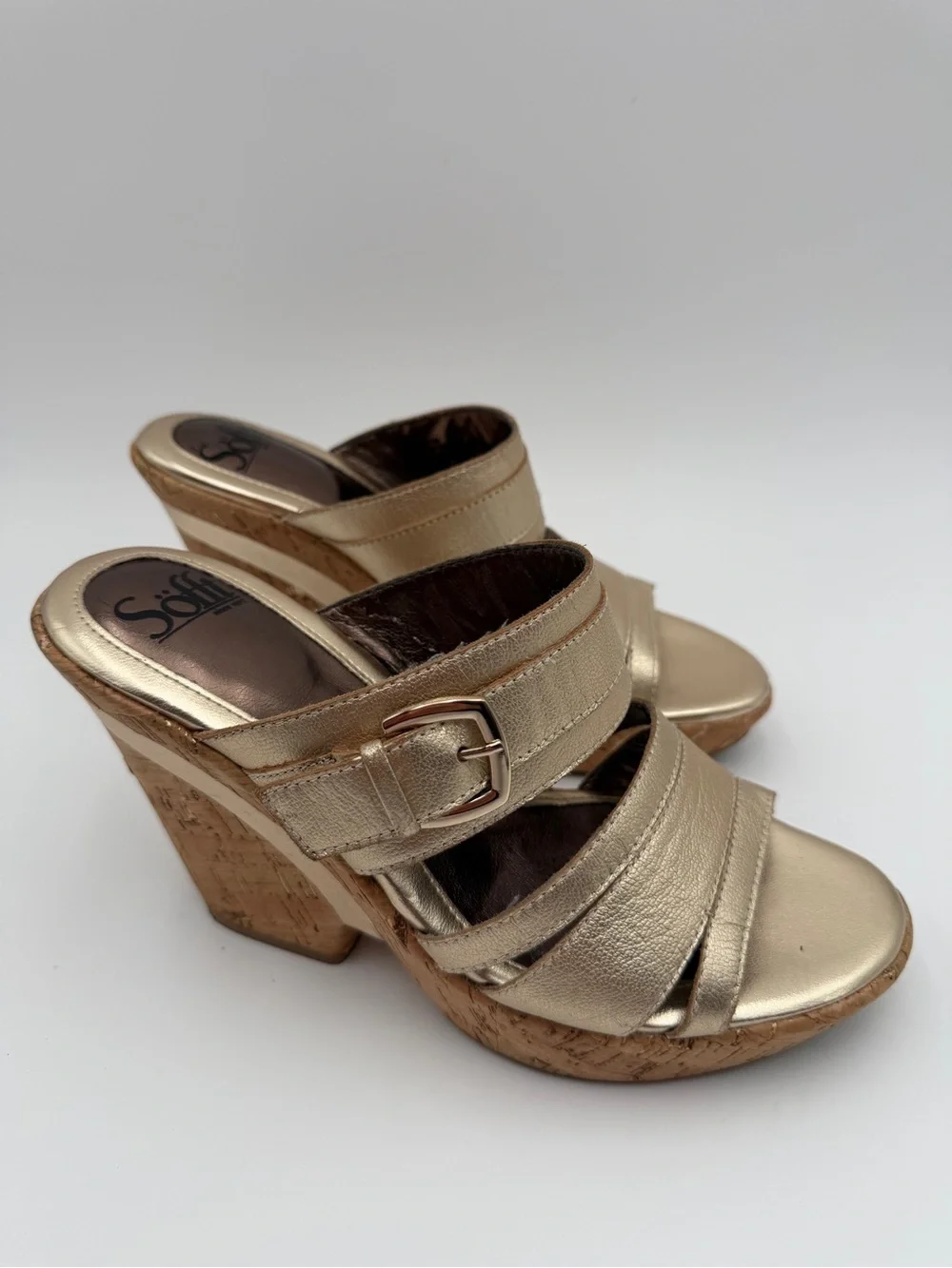Sofft Metallic Gold Cork Wedge Sandals